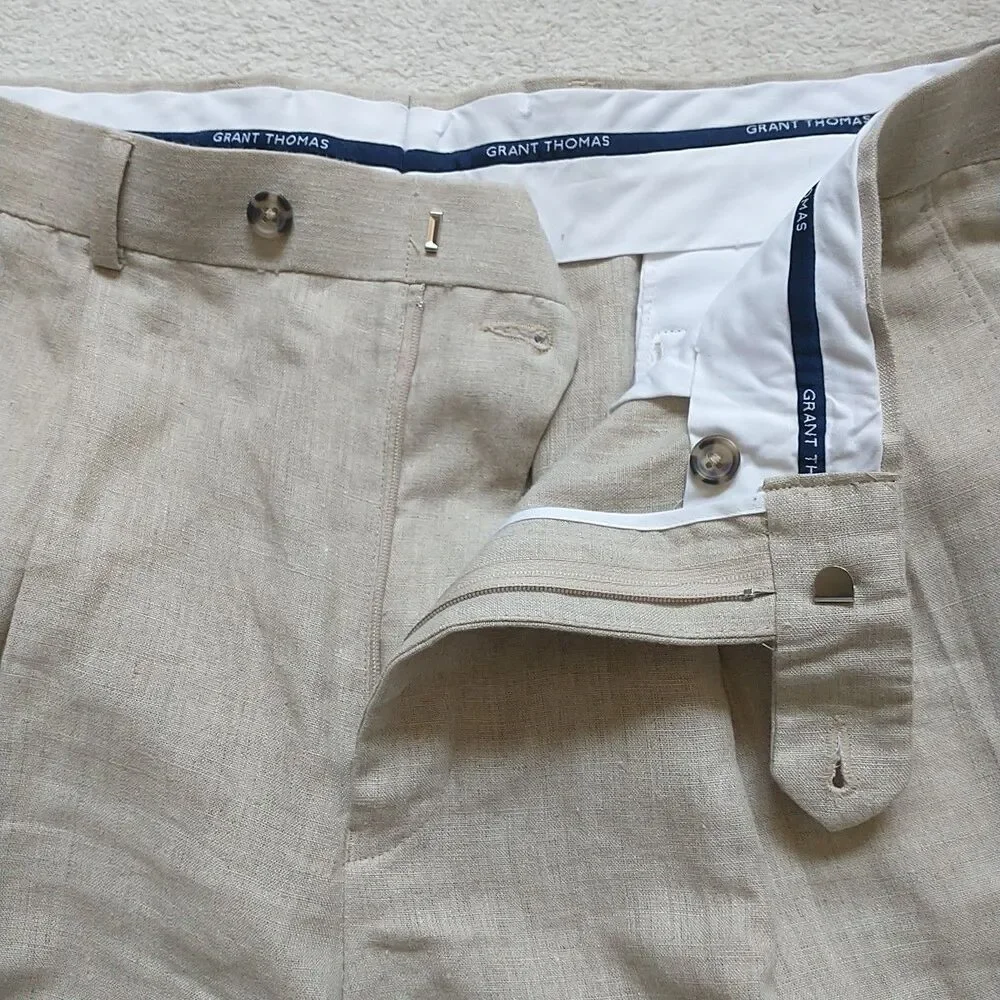 Grant Thomas Pants Trousers Mens 36x32 Beige Linen Slacks Cuffed Pleated